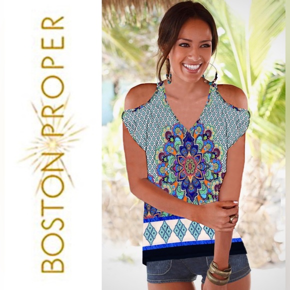 BOSTON PROPER Center-Burst Cold-Shoulder Top, sz XXS (Fits like a Small), NWOT - Picture 1 of 7